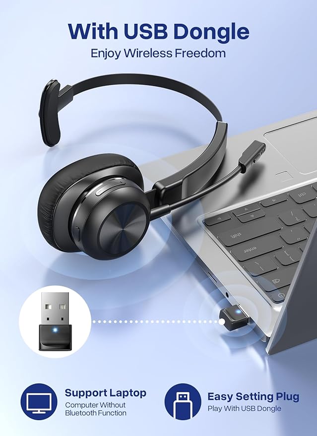 Trucker Bluetooth Headset, Wireless Headset with Microphone | USB Dongle, On Ear Bluetooth Headphones with AI Noise Cancelling 50H Playback Mute Button for Truck Driver Office Work, Black