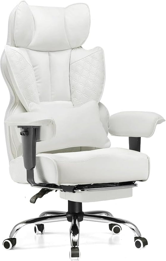 GTPLAYER Big and Tall Gaming Chair 400lbs Heavy Duty Office Chair with Foot Rest & Ergonomic Pocket Spring Lumbar Support, High Back 3D Saddle Shaped Cushion for Back Pain Relief, White
