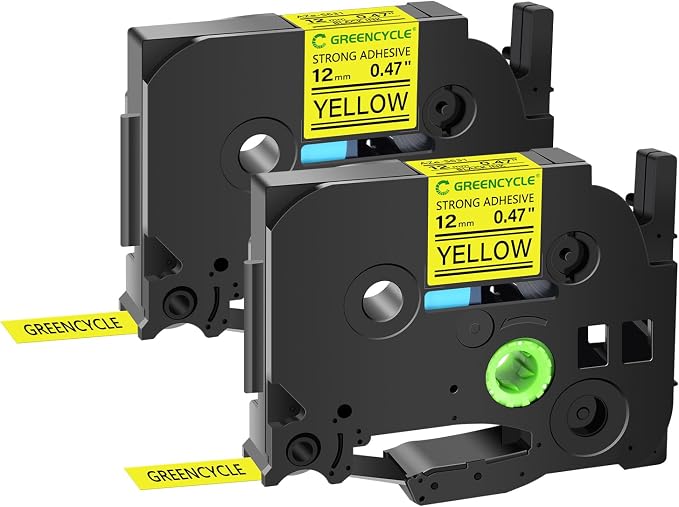 GREENCYCLE Extra Strength Label Tape TZe-S631 12mm 0.47" Laminated Yellow Compatible for Brother P-Touch TZeS631 TZ-S631 TZe TZ 1/2 inch Black on Yellow Label Tape for PT-D200 PT-D210 PT-D220, 2 Pack