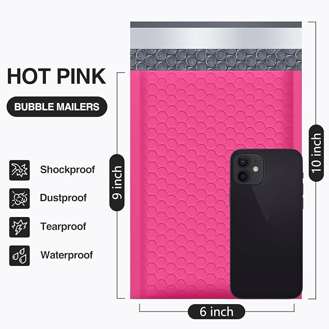 UCGOU Bubble Mailer 6x10 Inch 100 Pack Usable Size 6x9 Inch Hot Pink Poly Padded Envelopes Waterproof Bubble Bags for Small Business Shipping Self Seal Mailing Envelopes for Jewelry Makeup Supplies