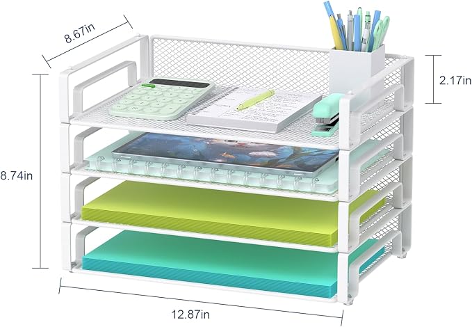 Samstar 4 Pack White Stackable Letter Paper Tray, Desk File Organizer Paper Sorter for Letter/A4 Size Folders Documents, Mesh Made,White