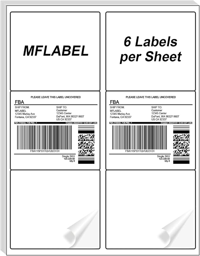 MFLABEL 3-1/3" x 4" Shipping Address Sticker, FBA Labels, 6-UP Sticker Label, White Shipping Label, Easy to Peel, Address Paper for Laser/Ink Jet Printer, 6 Per Page (12000 Labels, 2000 Sheets)