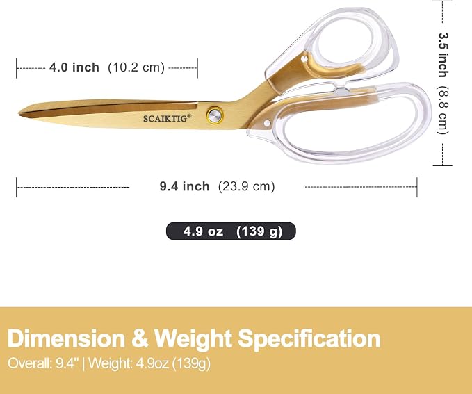 SCAIKTIG 9" Acrylic Scissors, Office Scissors for Desk Gold, Clear Comfort-Grip Handles and Titanium Coated Blades, Sharp Scissors all Purpose Heavy Duty for Sewing, Art, Craft, School, Home Supplies