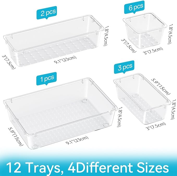 12 PCS Drawer Organizer Set, Makeup Organizers, Tool Storage Trays | 4 Sizes, Plastic, Stackable, Multiple Gadgets, Desk Drawer Divider Organizers, for Makeup, Office Supplies Storage