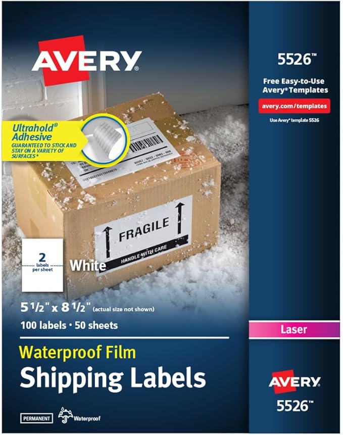 Avery Durable Waterproof Shipping Labels with Sure Feed Technology, 5.5" x 8.5", White, Laser Compatible, 100 Blank Labels per Pack, Great for Mailing, Branding, and More (5-Pack of 5526)