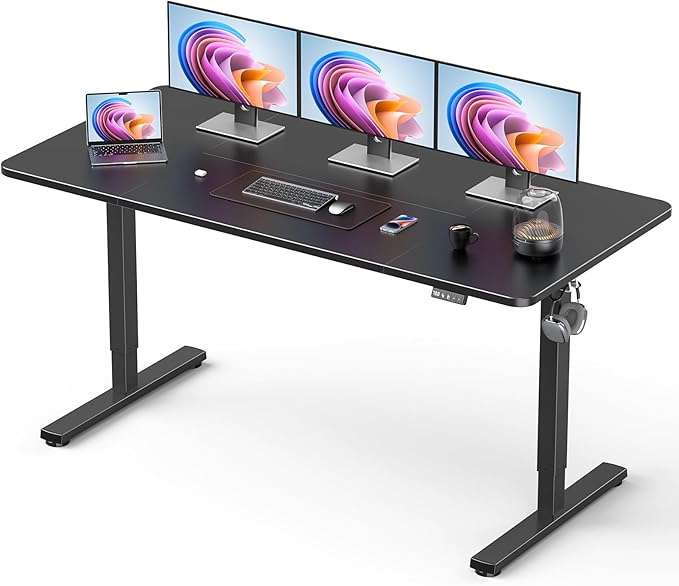 Standing Desk, Large Height Adjustable Electric Stand up Desk, 63 x 24 Inches Sit Stand Home Office Desk, with Splice Board, Black Frame/Black Top