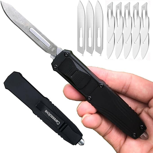EDC Retractable Scalpel Knife, Fast Open Utility Knife, Auto Box Cutter with 10PCS #23 and 3PCS 0.4mm thick #60 Scalpel Blades (Black)