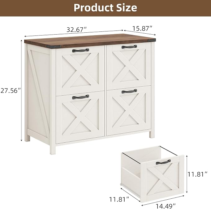 Befrases Farmhouse File Cabinet, Lateral Filing Cabinet with 4 Drawers for Letter/A4 Size Hanging Files, Wooden Printer Stand File Storage Cabinet for Home Office Cabinets, Rustic White