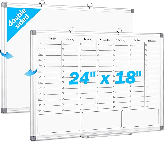 Weekly Calendar Dry Erase Board for Wall, Hanging 24"×18" Double-Sided Magnetic Whiteboard with Hourly Slots, for Planning, Memo, to Do List, Home, Office, Kitchen