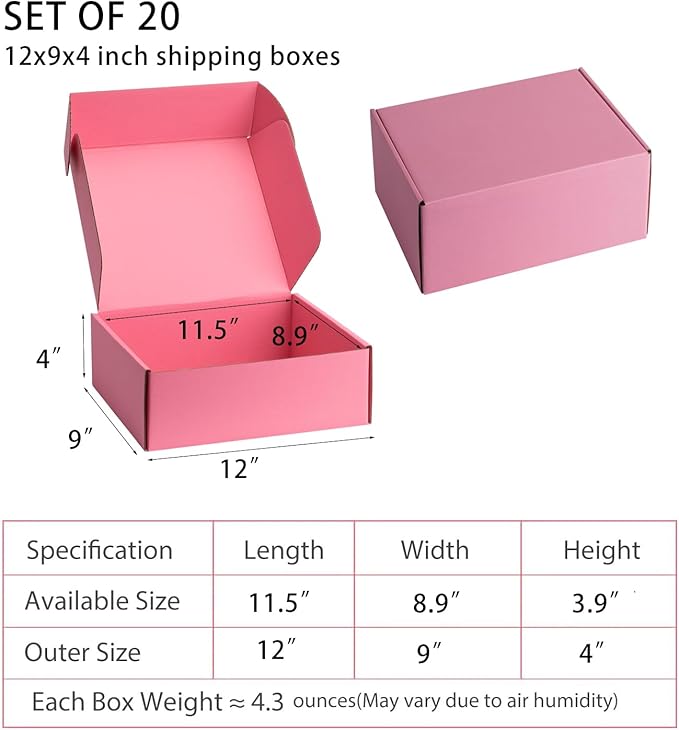 Small Shipping Boxes 12x9x4 Inches – Pink Corrugated Cardboard Boxes (20-Pack) for Mailing, Packing, Small Business & Gift Packaging - Recyclable & Sturdy