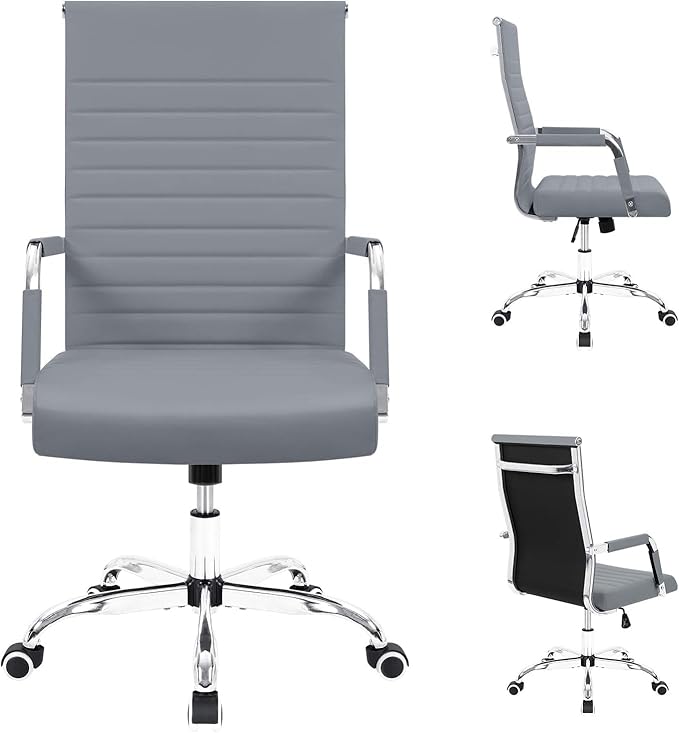 Furmax Ergonomic Office Desk Chair, Executive Ribbed Mid-Back PU Leather Conference Room Chair Adjustable Swivel Chair with Arms (1, Grey)