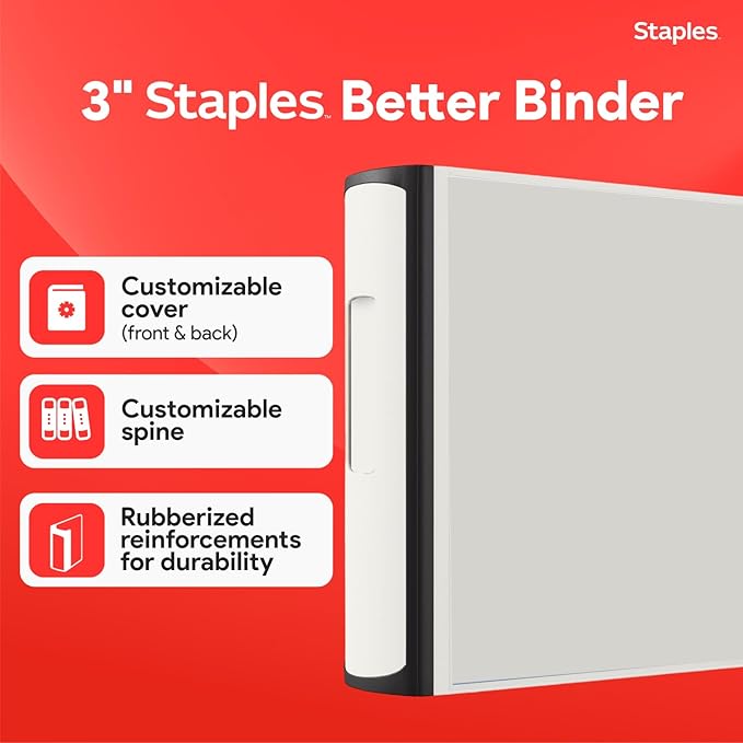 Staples Heavy-Duty 3-Inch D-Ring Binder, White – Large Capacity 3-Ring Binder with Pockets, Holds Up to 600 Sheets