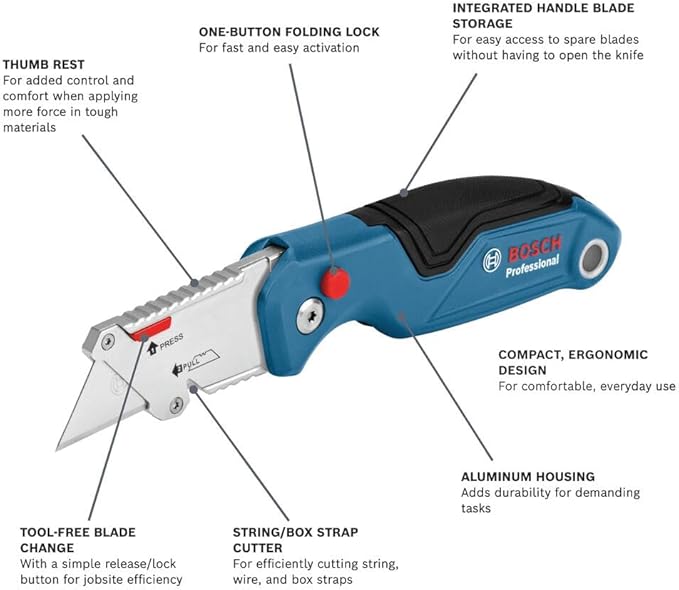 BOSCH H11-14200-1 3-Piece Utility Knife Set | Folding, Snap-Off, and Retractable Knives with Robust Design, Integrated Blade Storage - Includes 7 Blades