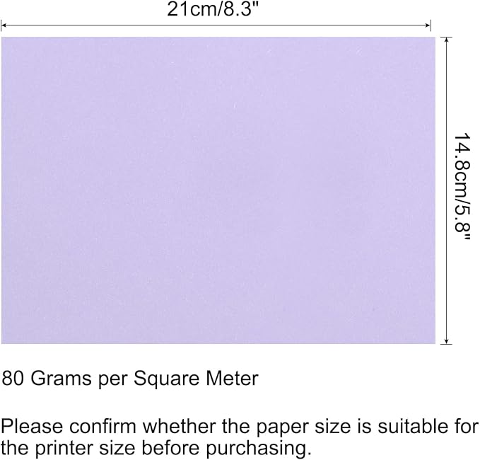 MECCANIXITY 100 Sheets Colored Copy Paper 8.3 x 5.8 Inch Printer Paper 80gsm Light Purple for Office Printing, Document Copying, Invitations, Forms, Art Projects