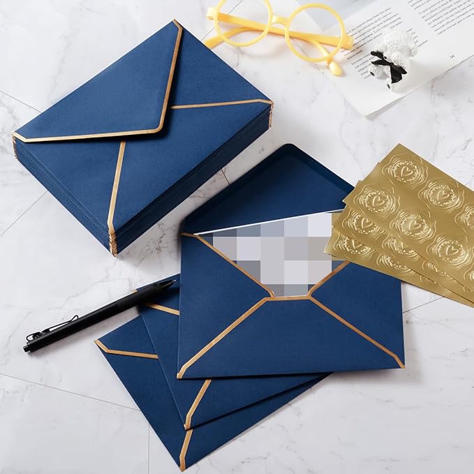 50 Pieces A7 Envelopes with Gold Border, 5.24 x 7.21 Inches Envelopes with Gold Stickers for Greeting Cards and Invitation (Navy Blue, A7-5x7)