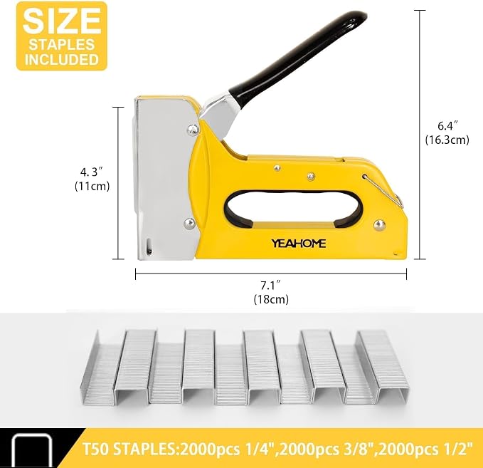 YEAHOME T50 Heavy Duty Staple Gun Kit, Upholstery Staple Gun with 6000 T50 Staples of 1/4, 3/8, 1/2 Inch, Manual Stapler Gun for Wood, Crafts, Wall, DIY & Professional Use