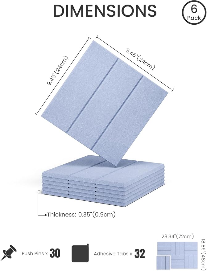 28" x 18" Felt Bulletin Board Tiles, Bold Stripe, Soft Periwinkle | 6-Pack Cork Board Alternative, 30 Adhesive Tabs, Push Pin Board, Wall Decor, Office, Home, Classroom, Dorm