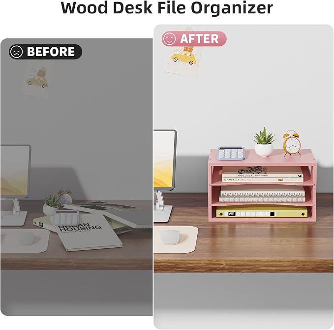 Marbrasse 3 Tier Wood Desk Organizer,Desk Paper Letter Tray Organizer，Pink | Wooden Desktop File Organizer with Handle and Paper Sorter Mail Holder for Office School & Home Supplies Organization