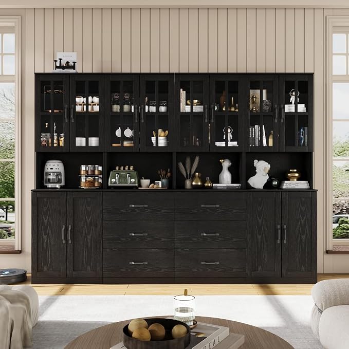 VOWNER Bookcase with Glass Door, 5-Tier Modern Bookshelf with Large Drawer, Glass Display Cabinet with Large Storage Shelf, Combination Storage Cabinet for Home Office (Black, AABB)