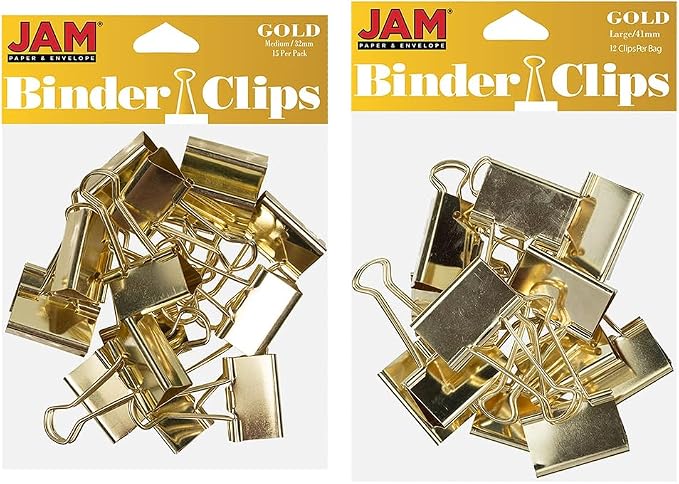JAM PAPER Colorful Binder Clips Assortment - Medium & Large Size - Gold Binderclips - 27 Clips/Pack