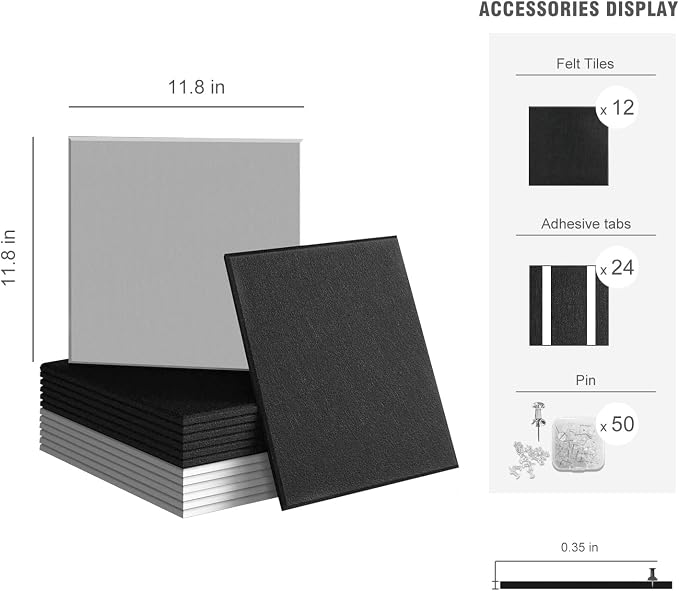 48"x36" Felt Corkboard Bulletin Board,TSJ OFFICE,12 Pack Wall,Black ＆ White | Includes 50 Pushpins & Clips, Removable Adhesive Tabs, Alternative Wall Tiles for Home, Office Decor, Install Without Damage