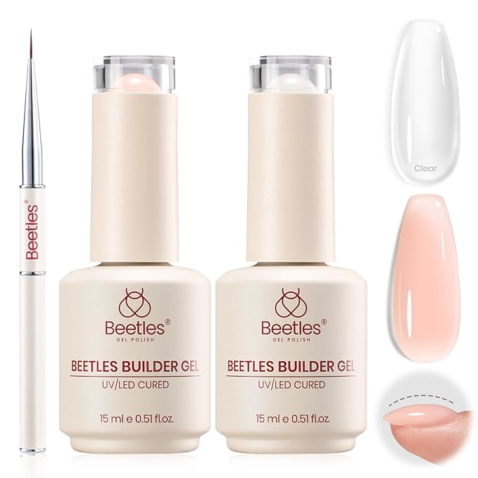Beetles Builder Gel Nail Kit-2 Pcs Clear & Jelly Nude Builder Gels with Nail Brush,8 in 1 Nail Thickening Strengthening Building Apex for Beginner DIY UV Nails Salon at Home,New Bottle,Silken Petal