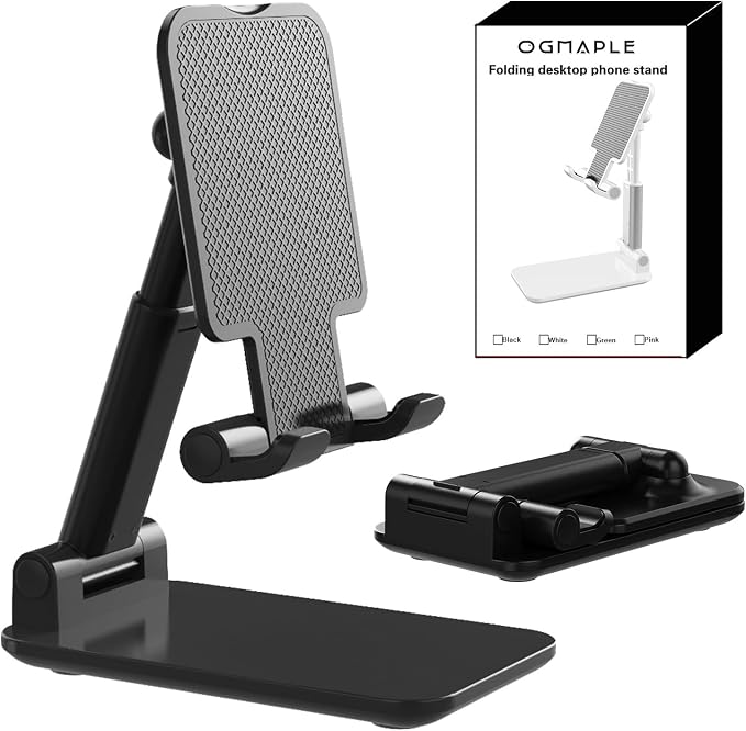 Phone Stand for Desk Cell Phone Holder Stands for iPhones, Black | Mini, Cute, Portable, Fully Foldable, Under 8" Devices, All Smart phones, Office Accessories