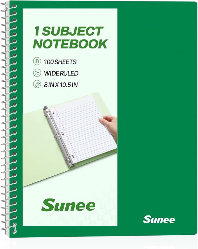 SUNEE Spiral Notebook, 1-Subject, Wide Ruled Paper, 8" x 10-1/2", 100 Sheets per Notebook, 3-Hole Punched Paper, Water Resistant Cover, Double-sided Pockets, Dark Green