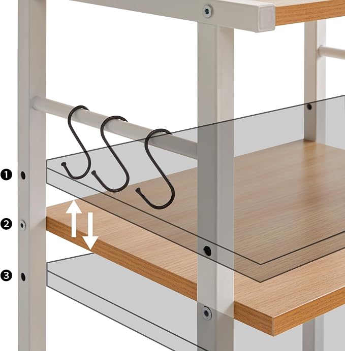 YMYNY 3-Tier Mobile Printer Stand 32.28 * 17.32 * 11.81" Natural HPT002N | Printer Cart with Adjustable Storage Shelf & 6 S-Hooks Tall Printer Table for Home Office,for Computer Tower Stand,Shredder