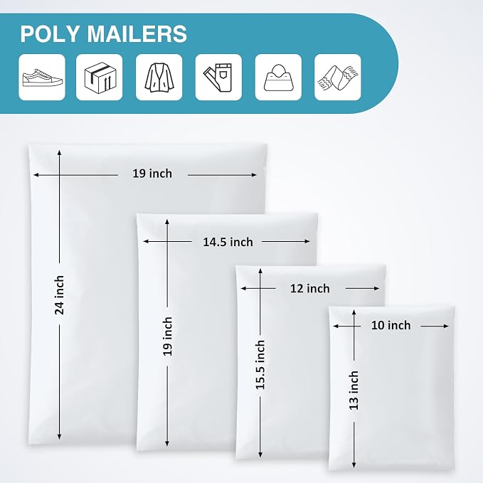 UCGOU 100 Pack Not Padded White Poly Mailers Variety Pack, 10x13 Inch & 12x15.5 Inch & 14.5x19 Inch &19x24 Inch Mailing Bags, Self-sealing Adhesive Mailers Assorted Sizes for Small Business