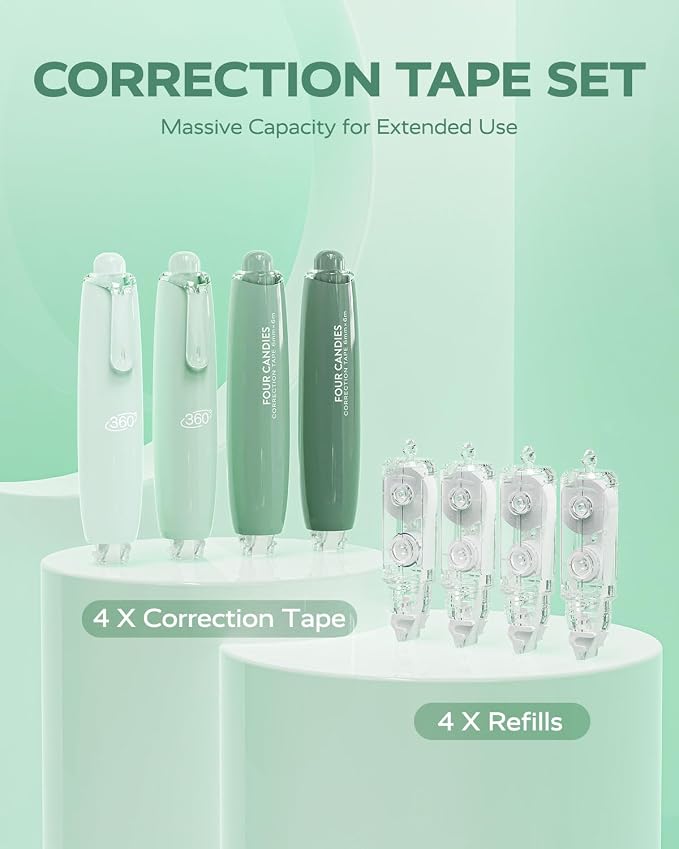 Four Candies Refillable Correction Tape, 4PCS White Tape with 4 Refills | Smooth White Pull-Out Tape for Instant Corrections, Easy to Use Applicator for Office, School Supplies (Green)