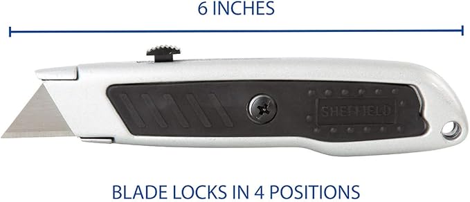 Sheffield Retractable Utility Knife, Box Cutter With Rubber Grip, 4-Position Blade Lock, Razor Blades Included, For Home, Office, Trades, and Warehouse