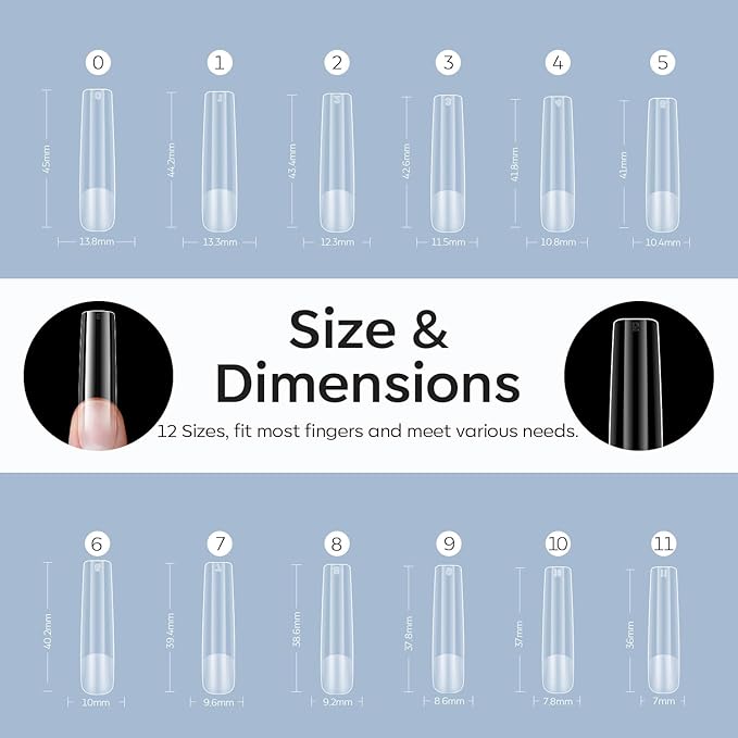 Modelones Long Square XXL Fake Nail Tips - 504Pcs Gel Tips Pre-shaped Half Matte Full Cover Clear Acrylic Gel Kit False Press on Nails for Extension DIY Salon 12Sizes