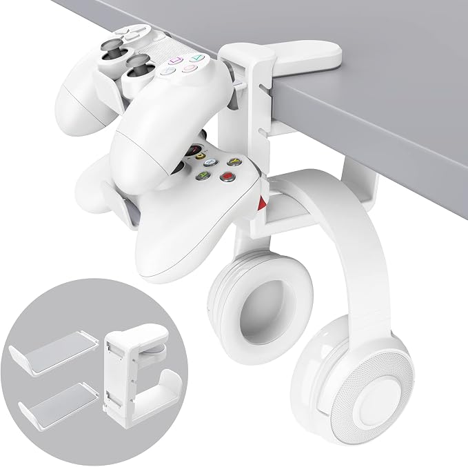 EURPMASK 3-in-1 Rotating Headphone Stand w/2 Detachable Controller Holders | Adjustable Clamp-on Headset Holder Hanger,360°Swivel,Gaming Headset Hanger,Cable Organizer,Keep Headphones Secure&Desk Tidy