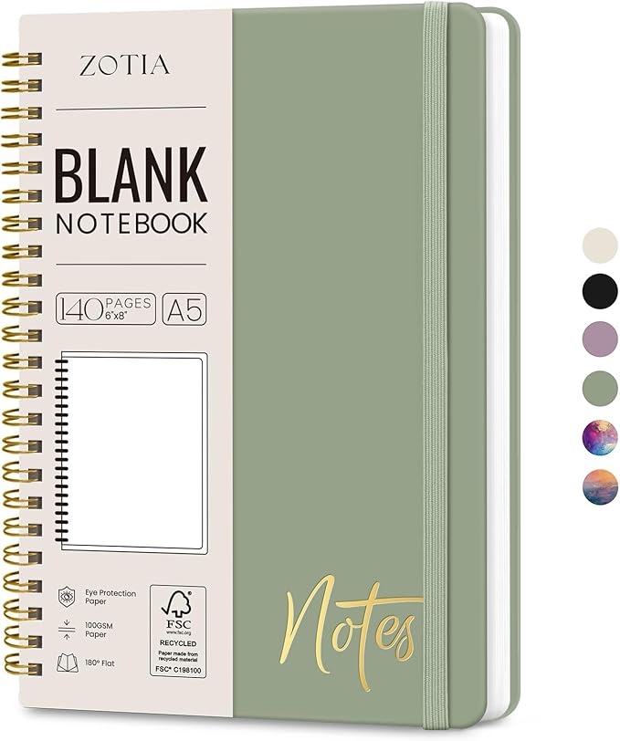 Blank Spiral Journal Notebook for Women, A5 Blank Notebook Journals for Writing, Hardcover Notebooks for Work, Note taking and Office School Supplies,140 Pages - Green