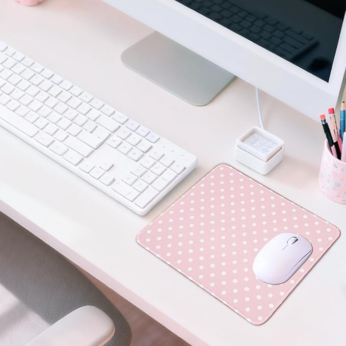 Mouse Pad for Desk with Stitched Edge, Premium Cute Washable Mouse Pads. Computer Mousepad with Non-Slip Rubber Base, Mousepads for Laptop, 9.25x7.75x0.12 inch (Pink Polka Dots)