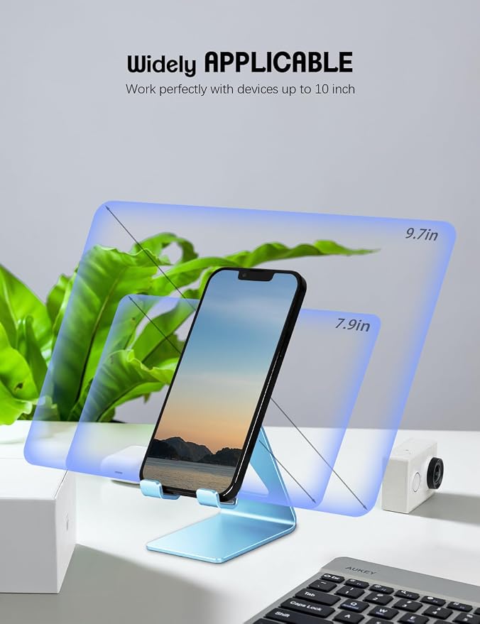 Aoviho Cell Phone Stand for Desk, Aluminum Phone Holder, Sky Blue | Built to Last, Hands-Free Viewing, Fits iPhone 17/16/15 Series & Samsung Galaxy, Ideal for Home & Office