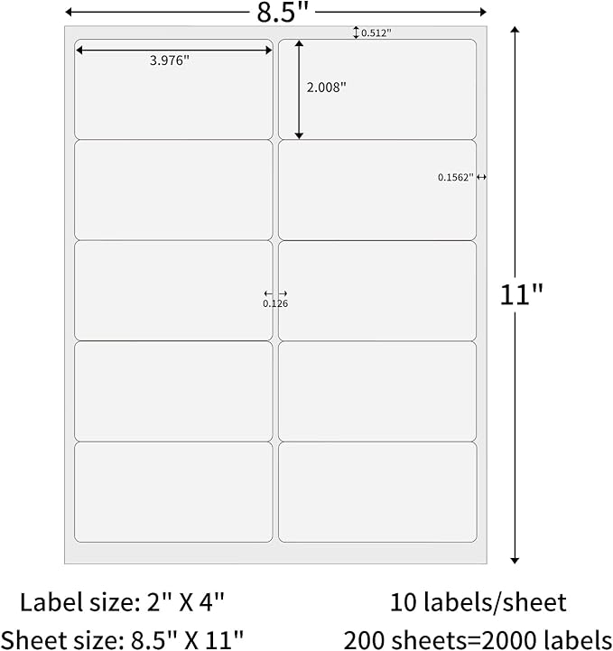 200 Sheets 2000 Labels Shipping Address Labels, 2 x 4 Address Mailing Labels for Laser & Inkjet Printer, 10 UP White Blank Printable Shipping Label, Strong Adhesive for Address Label