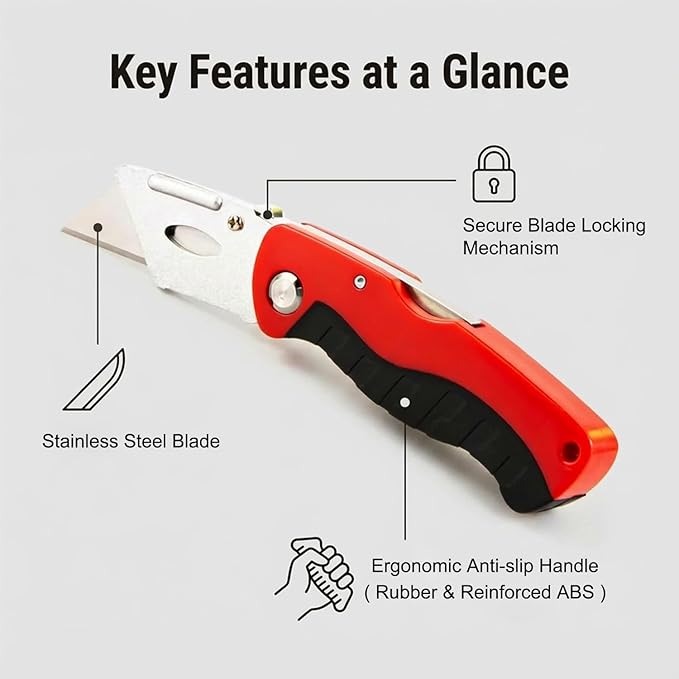 (2-Pack) Box Cutter with 10 Extra Blades, Heavy Duty Folding Utility Knife for Cardboard, Carton, Carpet Cutting, Anti-slip Rubber & ABS Handle, Quick Replace Blade