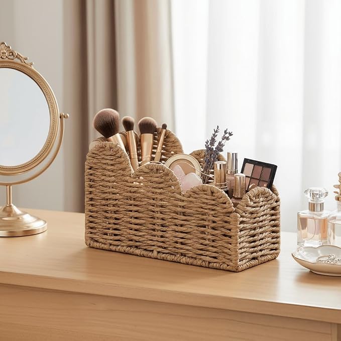 CubesLand Bedside Table Desk Organizer Caddy, Remote Pen&Pencil Holder Cup | Makeup Brush Holder w/Scalloped Perfect for Home, Office Desk, Living Room Table Decor, 3 Slots Neutral