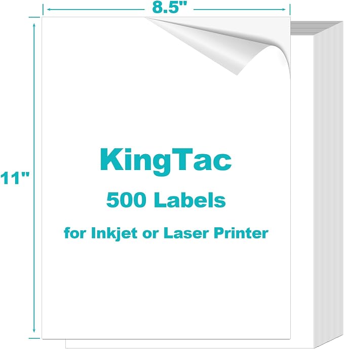 Kingtac [500 Labels] A4 Full Page Shipping Labels 8.5 x 11 for Laser & Inkjet Printers, Self Adhesive 8 1/2x11 Mailing Label Sheets