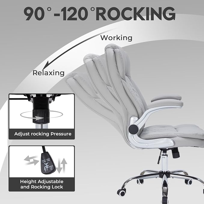 400lbs Executive Office Chair with Flip-Up Armrests, Big and Tall Computer Chair for Heavy People, Heavy Duty Ergonomic Comfy Chair, Breathable PU Leather (Grey)
