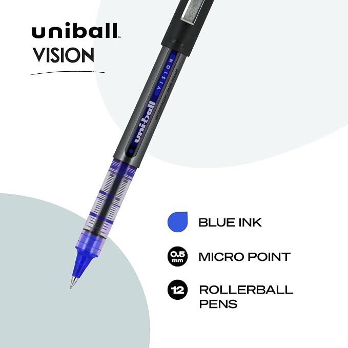 Uniball Vision Rollerball Pen - 12 Count, Blue Pens, 0.5mm Micro Tip Size - Smooth Writing Japanese Pens, School Supplies (Pack of 12)