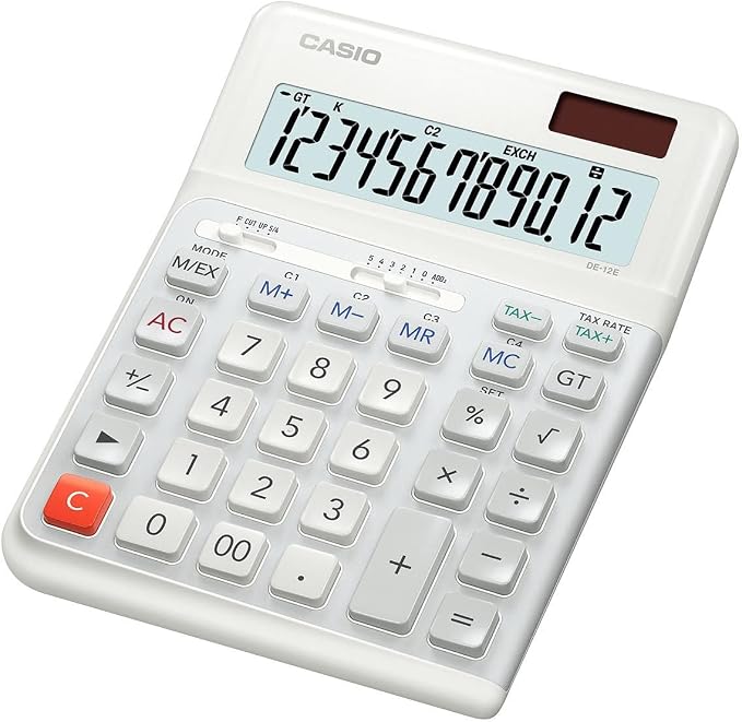 CASIO DE-12E-WE Ergonomischer Tischrechner, White, 12-stelliges Display | 12-stelliges Display, Stufentastatur, senkrechter Tastenhub, Steuerberechnung, Währungsumrechnung, Solar-/Batteriebetrieb.
