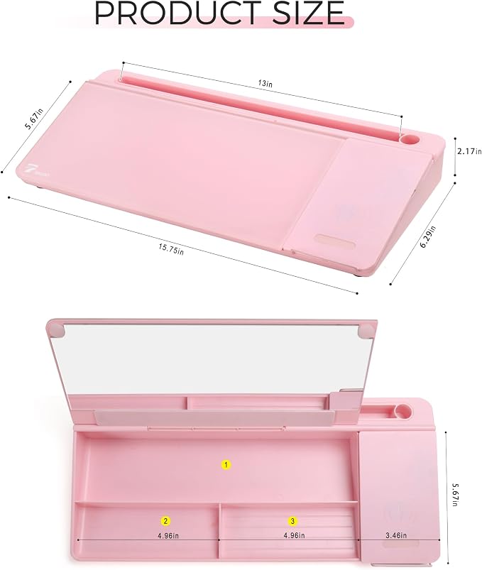 TOWON Glass Desk Whiteboard 17x6 in, Wireless Charger and Storage, Pink | Desktop white board with charging station and mirror. Compact desk organizer with dry erase storage.