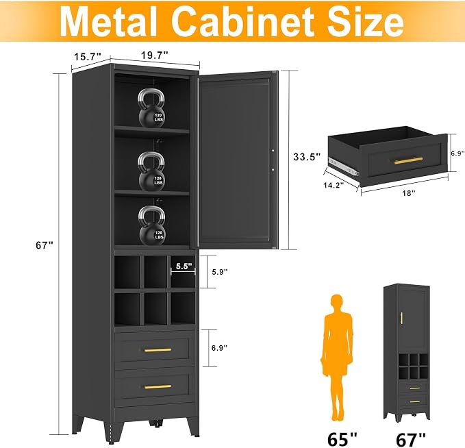 Ckzbx Tall Narrow Storage Cabinet, 66.93" H Tall Bathroom Cabinet Metal Pantry Cabinets with Hollowed-Out, 3 Adjustable Shelves, for Kitchen, Bathroom, Home Office, Living Room (Black)