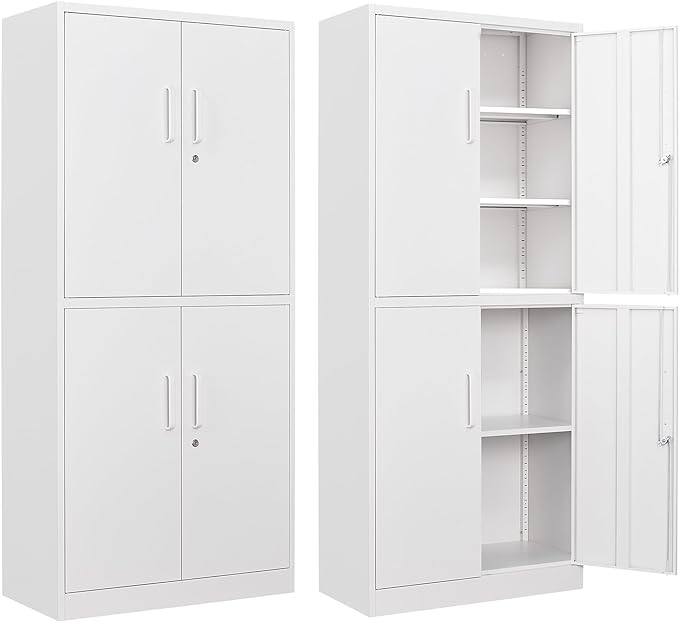 Metal Storage Cabinet with Lock Door, Adjustable Shelf Steel Cabinets for Office, Home,Pantry,Kitchen,Garage Utility Cabinet (4 Door-White)