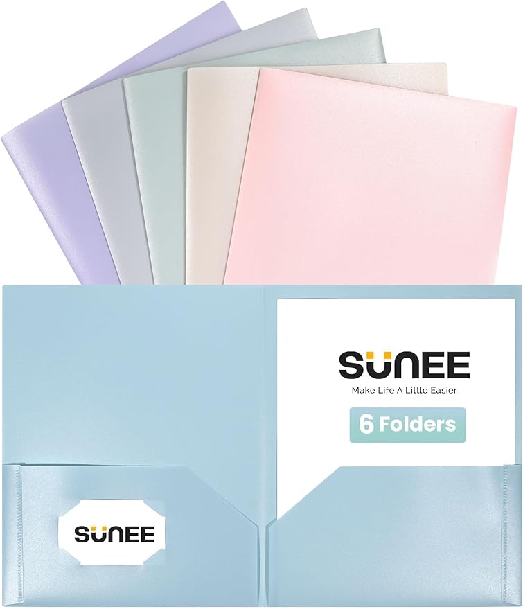 SUNEE Folders with Pockets (6 Pack, Pastel Colors), Plastic Folder with Pocket, Poly Folder for Documents Letter Size, 2 Pocket Folders for Kids, Home, School, Office