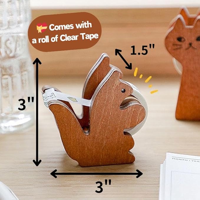 Clear Tape Dispenser - Wooden Squirrel Cute Design for Office & School Desktop - 1/2" x 250 in Tape Included