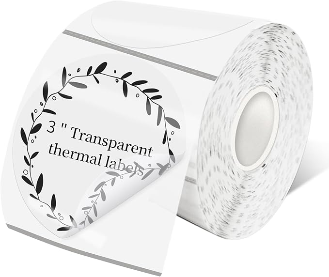 3 Inch Transparent Round Thermal Label, Self-Adhesive Clear Waterproof Circle Sticker for Logo Design, Multipurpose Direct Thermal Labels, 300 Sheets/1 Roll
